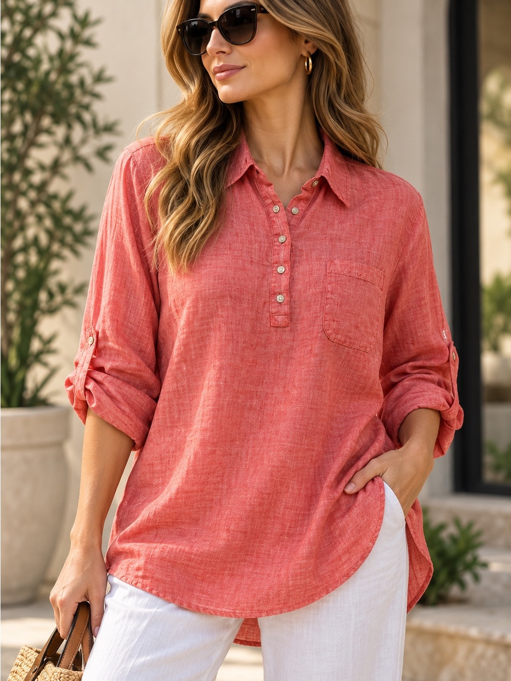 Jones New York Linen Coral Button-Henley Roll-Tab Tunic